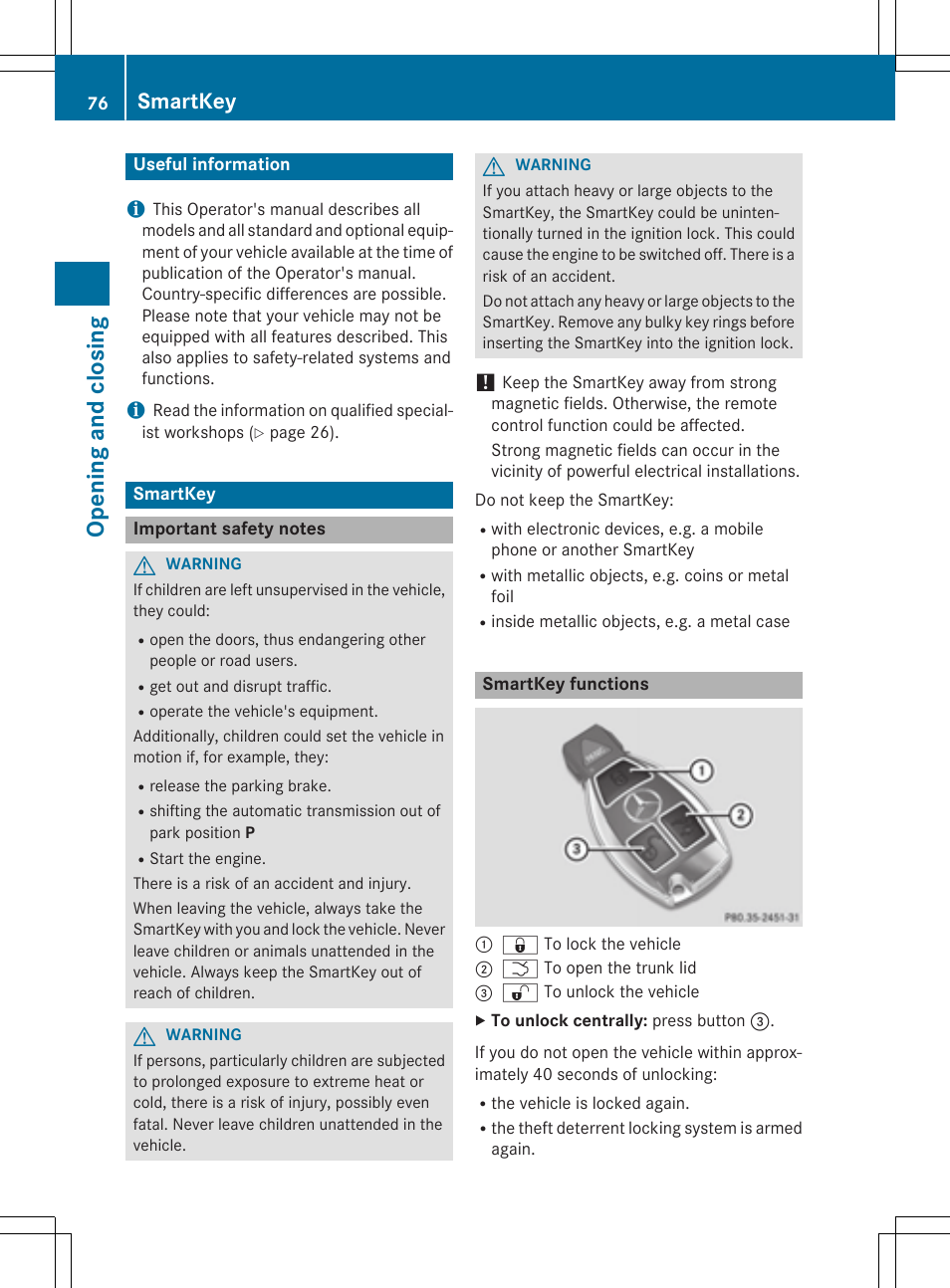 Opening and closing, Smartkey | Mercedes-Benz CLA-Class 2014 Owners Manual User Manual | Page 78 / 358