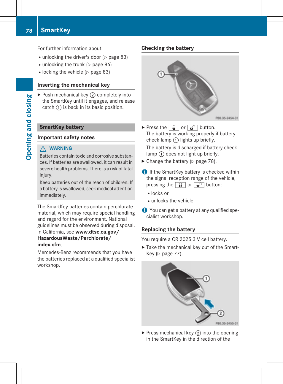 Ope ning and closing, Smartkey | Mercedes-Benz CLA-Class 2014 Owners Manual User Manual | Page 80 / 358