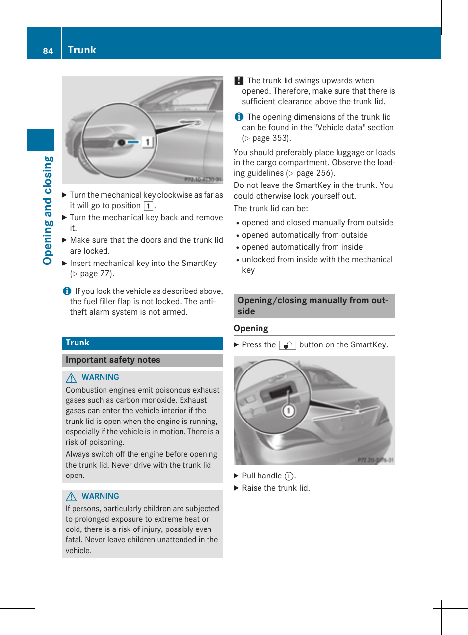 Opening and closing, Trunk | Mercedes-Benz CLA-Class 2014 Owners Manual User Manual | Page 86 / 358