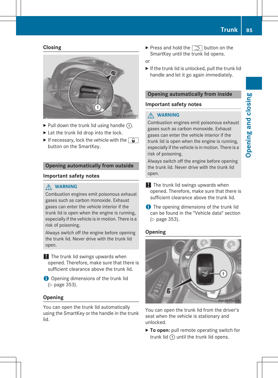 Op ening and closing, Trunk | Mercedes-Benz CLA-Class 2014 Owners Manual User Manual | Page 87 / 358
