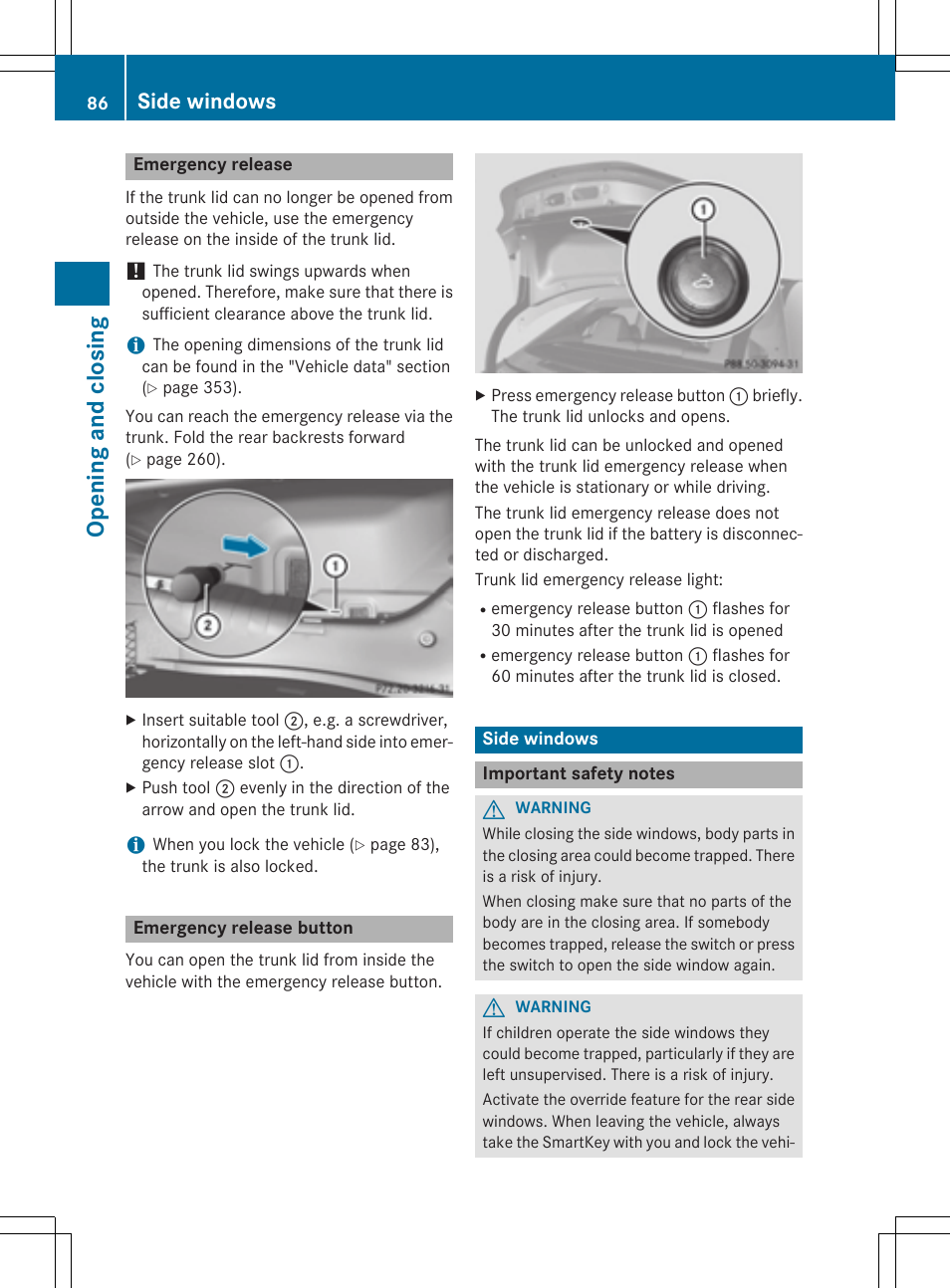 Op ening and closing, Side windows | Mercedes-Benz CLA-Class 2014 Owners Manual User Manual | Page 88 / 358