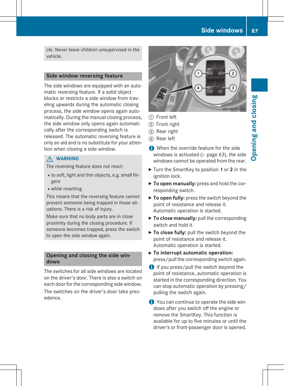 Ope ning and closing, Side windows | Mercedes-Benz CLA-Class 2014 Owners Manual User Manual | Page 89 / 358