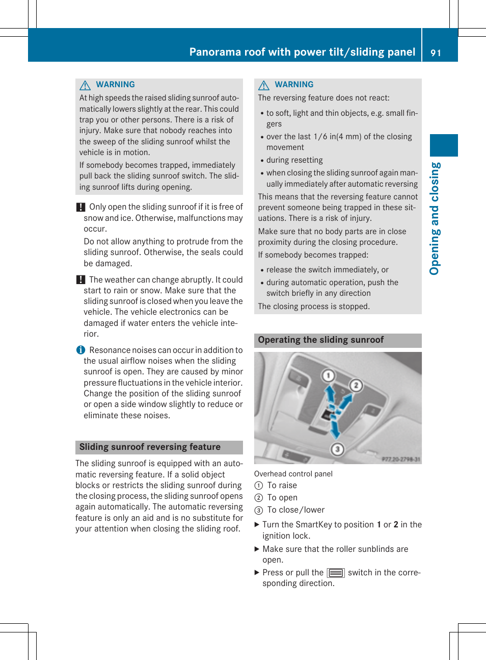 Openi ng and closing, Panorama roof with power tilt/sliding panel | Mercedes-Benz CLA-Class 2014 Owners Manual User Manual | Page 93 / 358