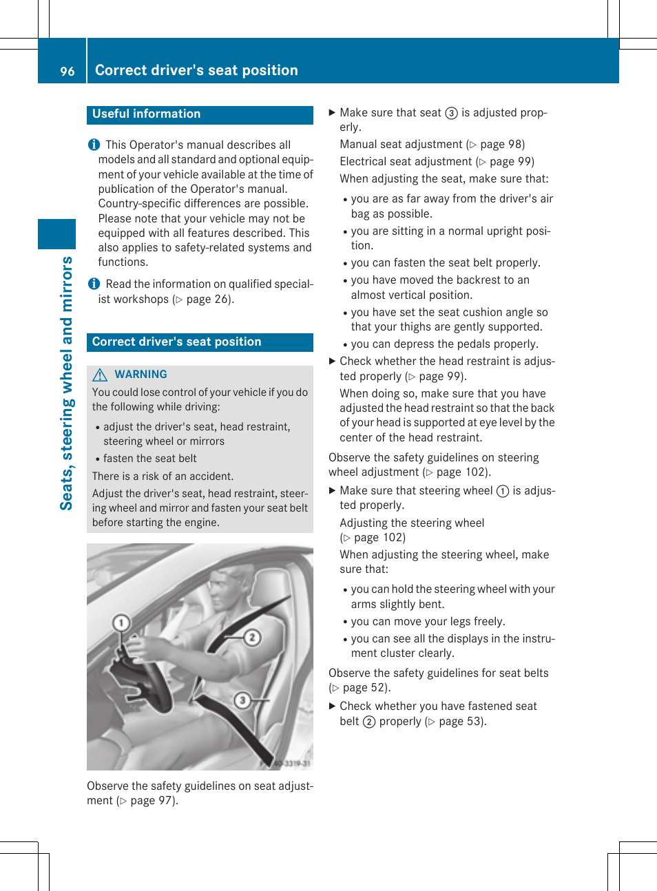 Seat s, steer ing wheel and mirrors, Correct driver's seat position | Mercedes-Benz CLA-Class 2014 Owners Manual User Manual | Page 98 / 358