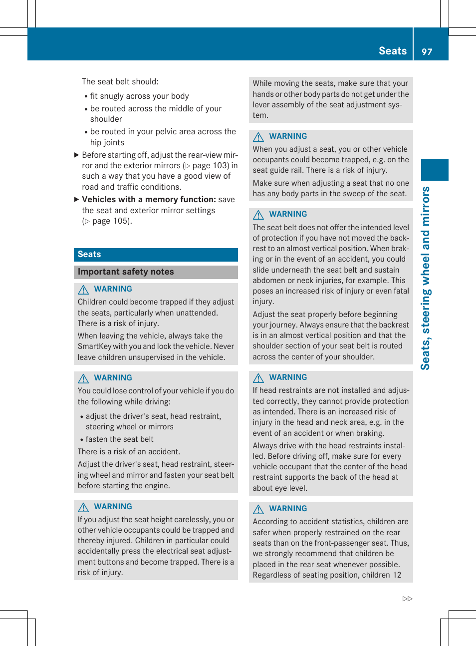 Seats, steering wheel and mirrors, Seats | Mercedes-Benz CLA-Class 2014 Owners Manual User Manual | Page 99 / 358