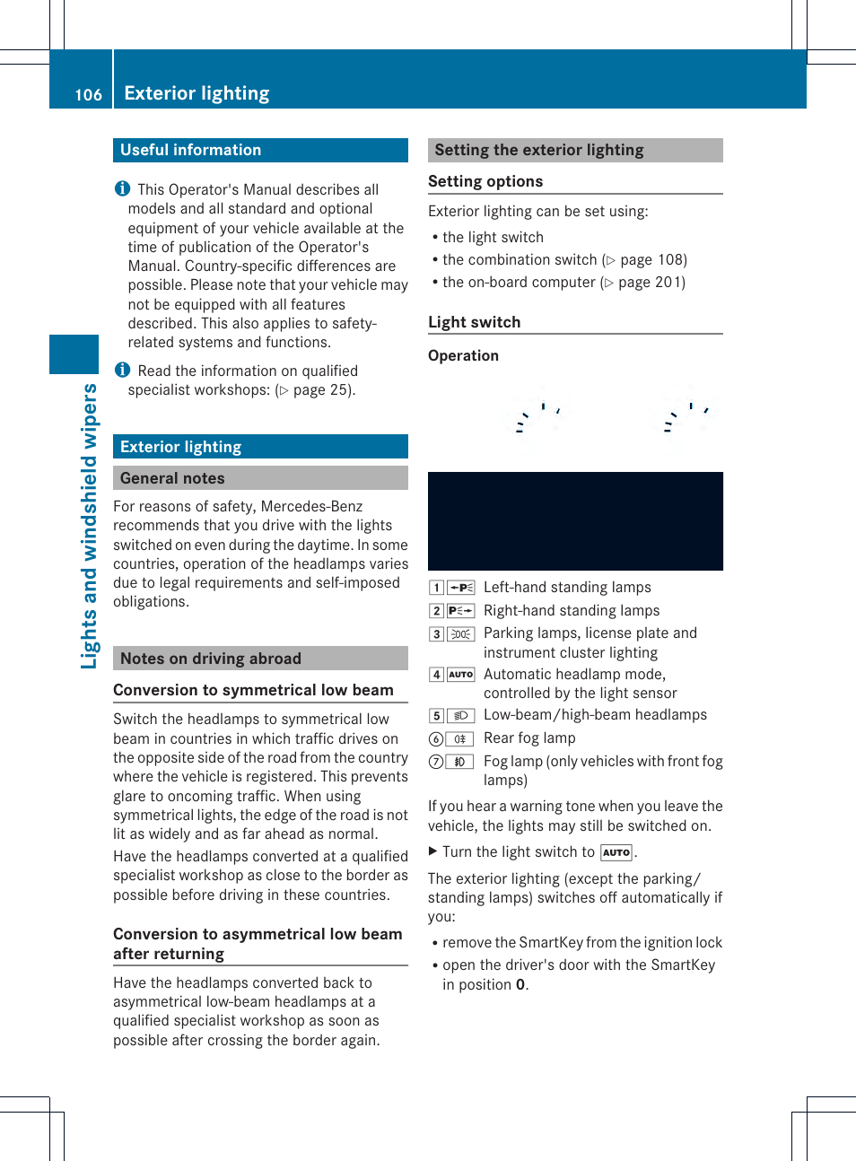 Lights and windshield wipers, Exterior lighting | Mercedes-Benz C-Coupe 2013 Owners Manual User Manual | Page 108 / 350