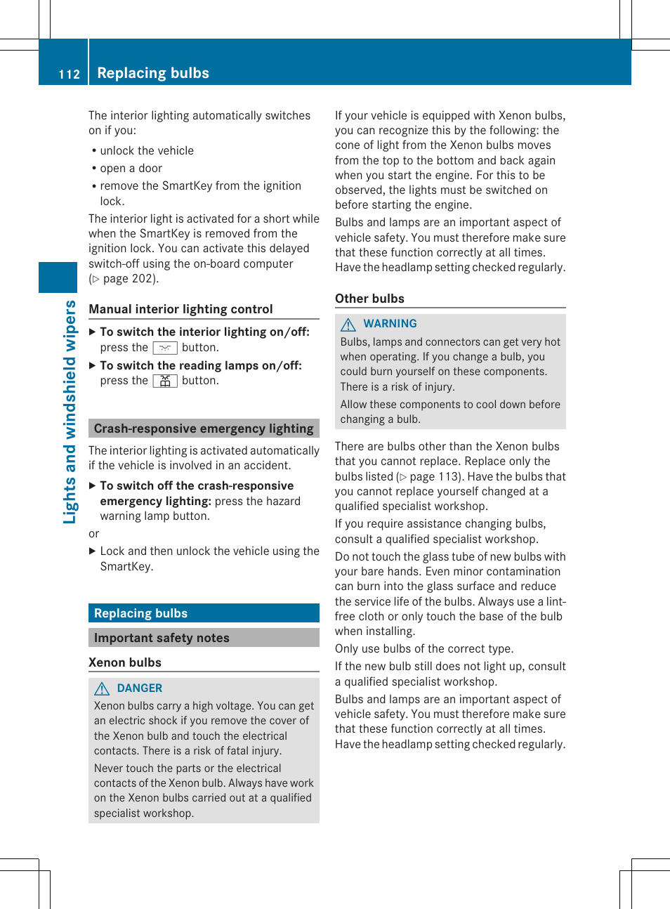 Lights and windshield wipers, Replacing bulbs | Mercedes-Benz C-Coupe 2013 Owners Manual User Manual | Page 114 / 350