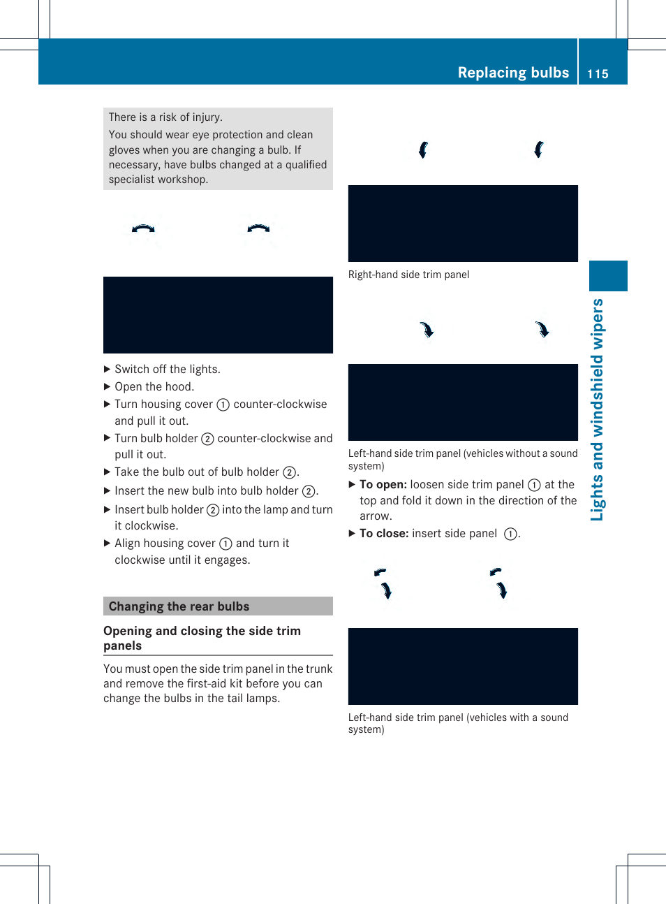 Lights and windshield wipers, Replacing bulbs | Mercedes-Benz C-Coupe 2013 Owners Manual User Manual | Page 117 / 350