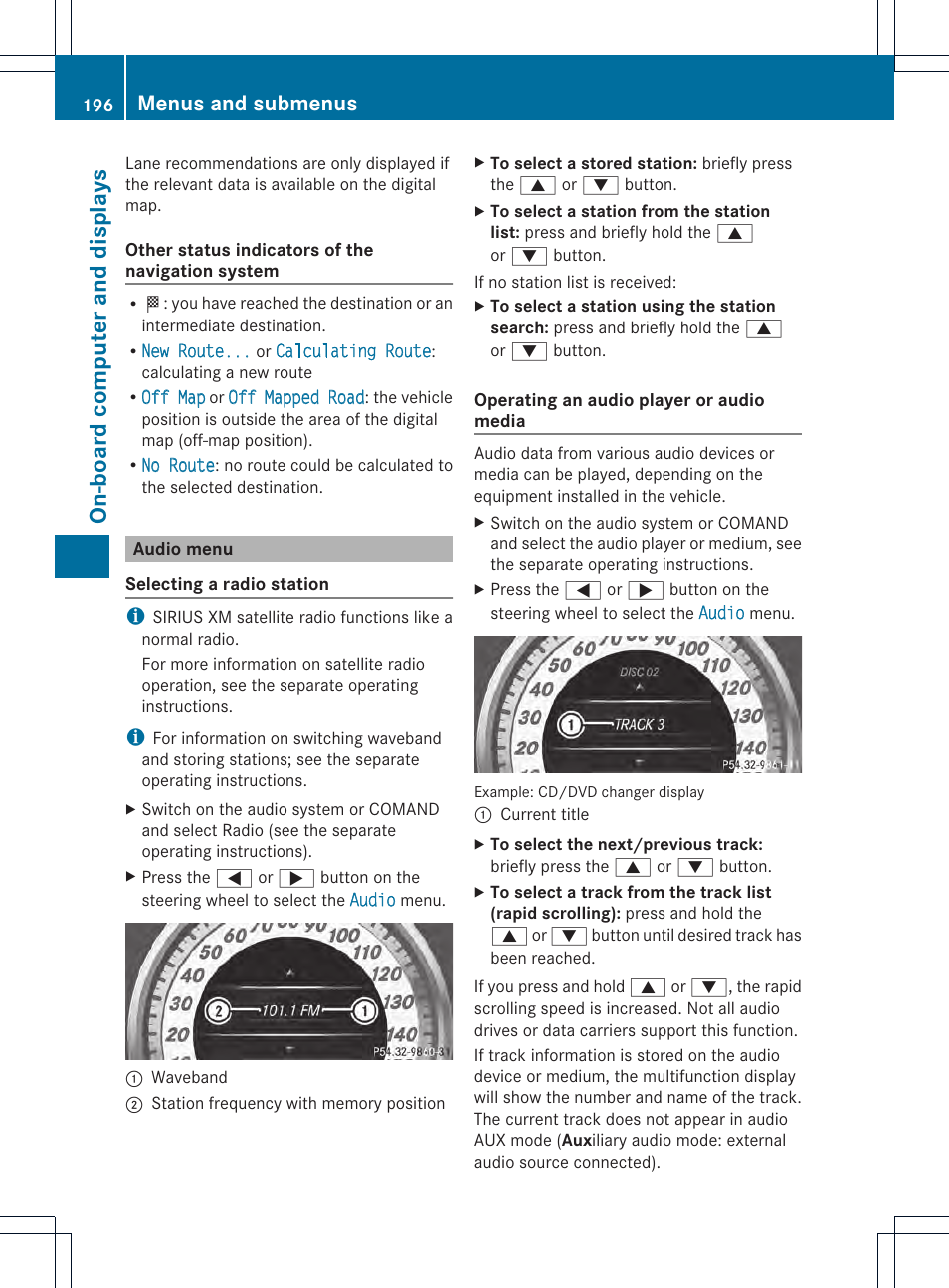 On-bo ard computer and displays, Menus and submenus | Mercedes-Benz C-Coupe 2013 Owners Manual User Manual | Page 198 / 350