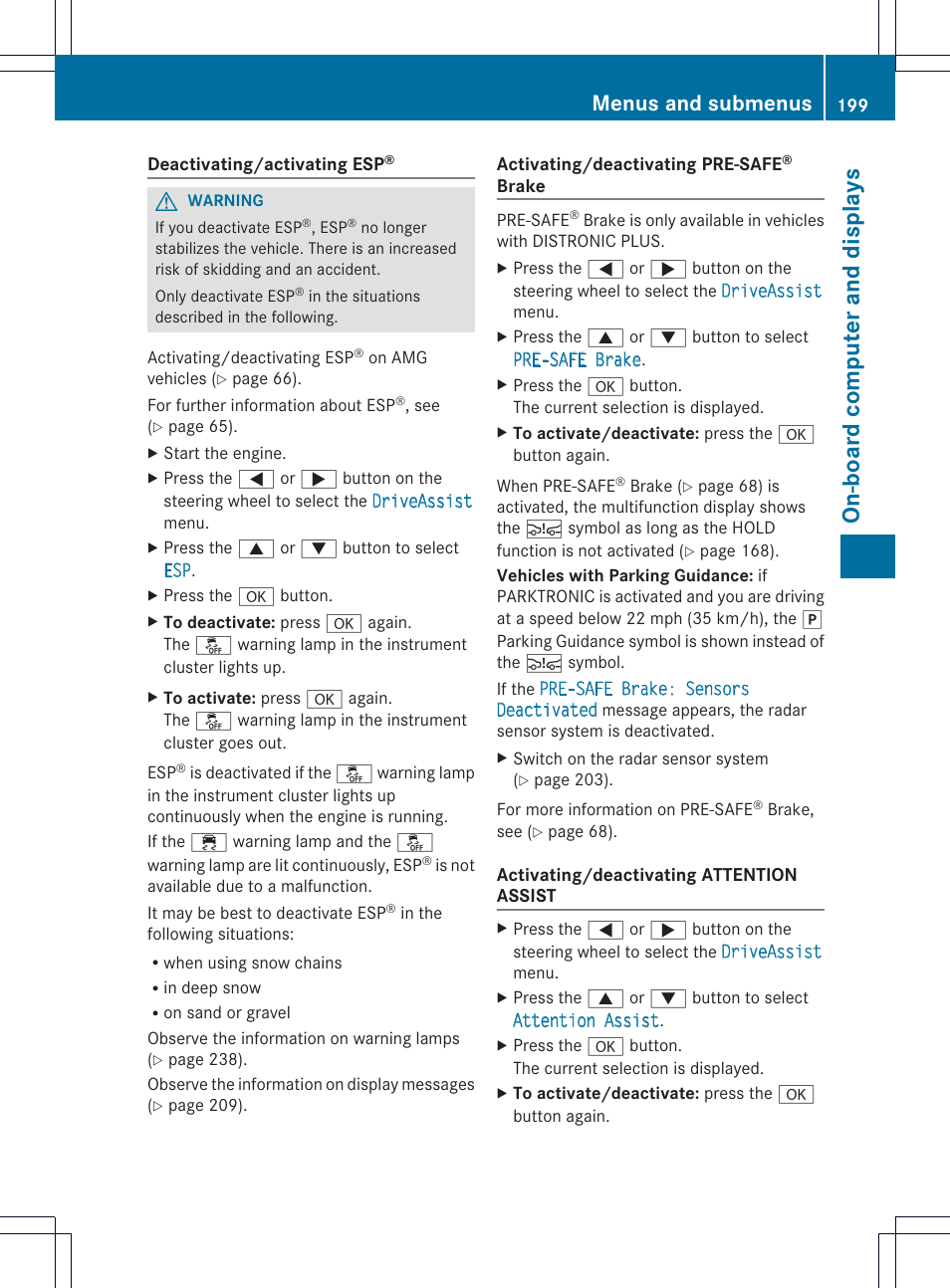 On-board computer and displays, Menus and submenus | Mercedes-Benz C-Coupe 2013 Owners Manual User Manual | Page 201 / 350