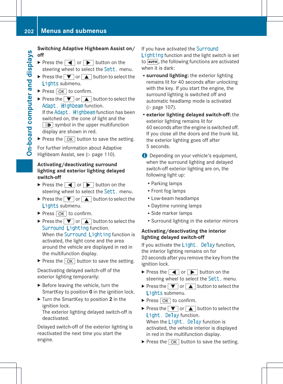 On-boar d compu ter and displa ys, Menus and submenus | Mercedes-Benz C-Coupe 2013 Owners Manual User Manual | Page 204 / 350