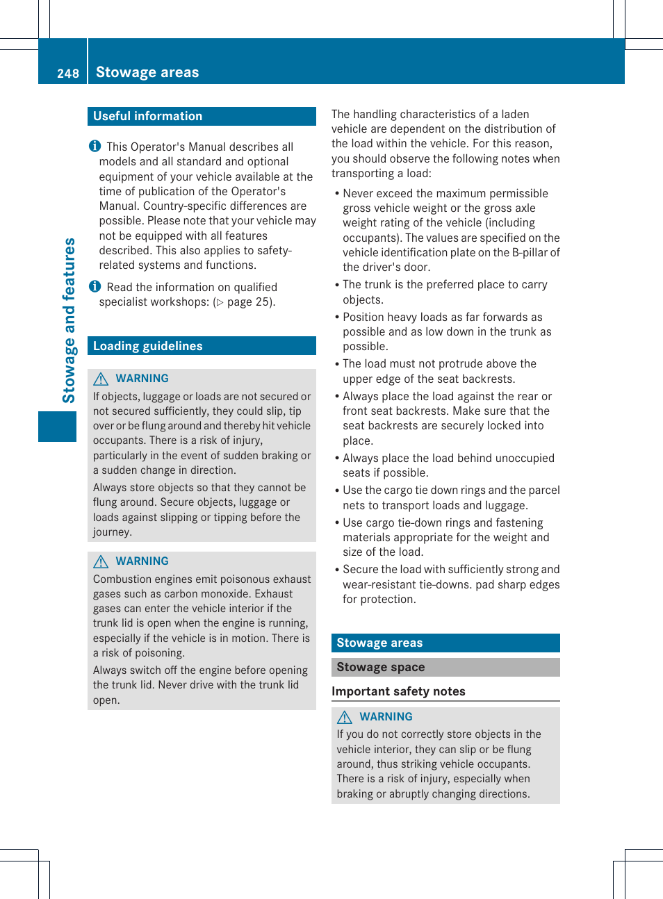 Stowage and features, Stowage areas | Mercedes-Benz C-Coupe 2013 Owners Manual User Manual | Page 250 / 350