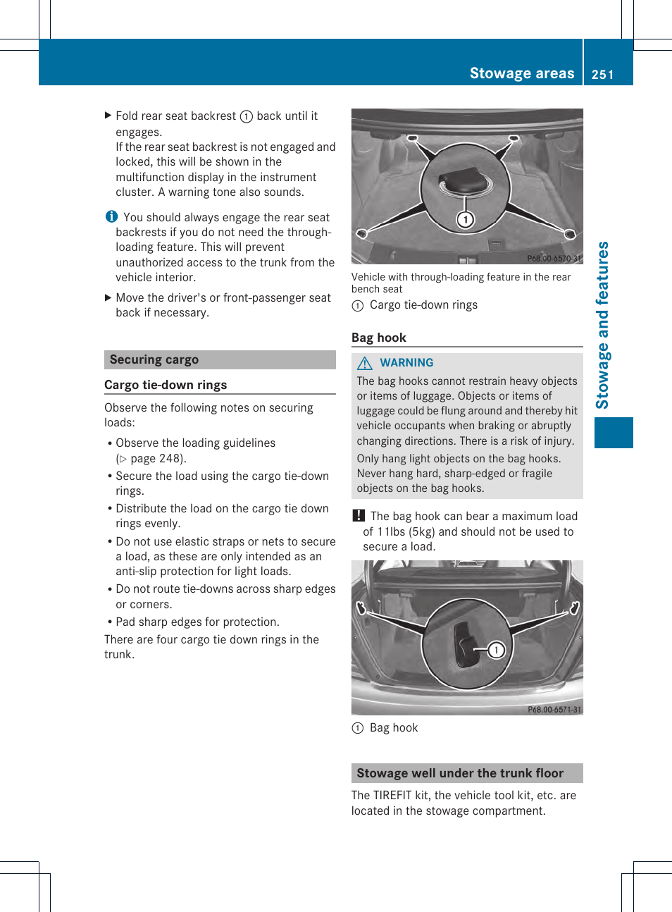 St owag e an d fe ature s, Stowage areas | Mercedes-Benz C-Coupe 2013 Owners Manual User Manual | Page 253 / 350