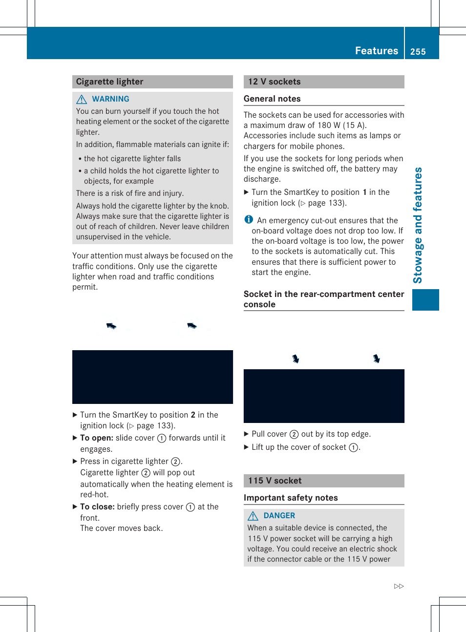 Stowage and features, Features | Mercedes-Benz C-Coupe 2013 Owners Manual User Manual | Page 257 / 350
