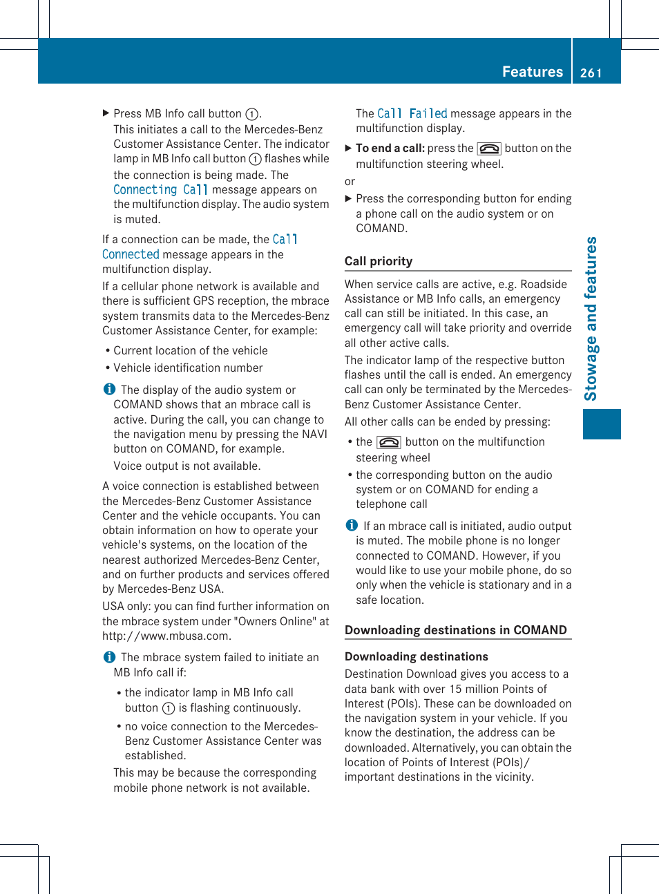 Stowage and features, Features | Mercedes-Benz C-Coupe 2013 Owners Manual User Manual | Page 263 / 350