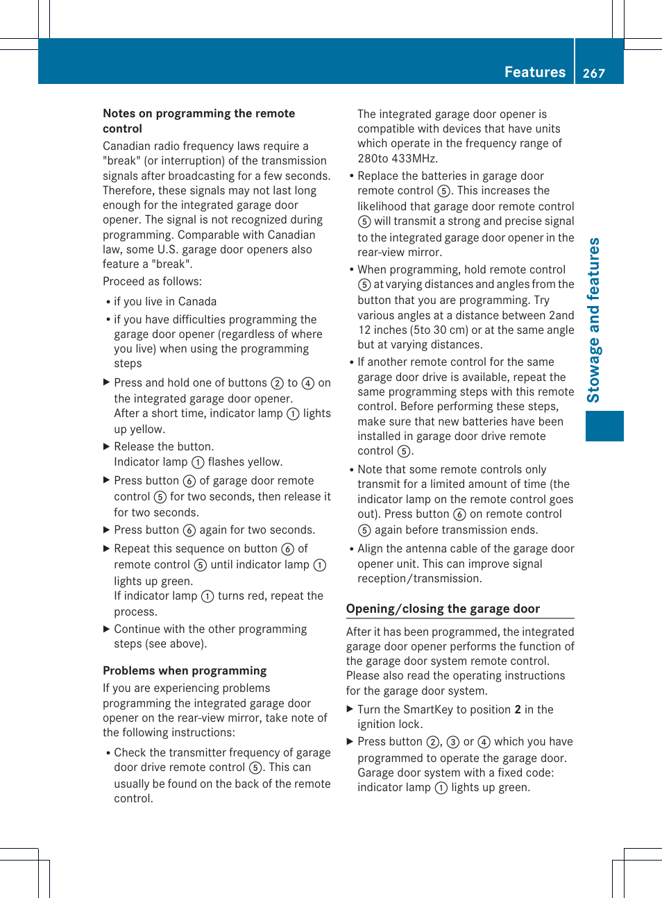 Stowage and features, Features | Mercedes-Benz C-Coupe 2013 Owners Manual User Manual | Page 269 / 350