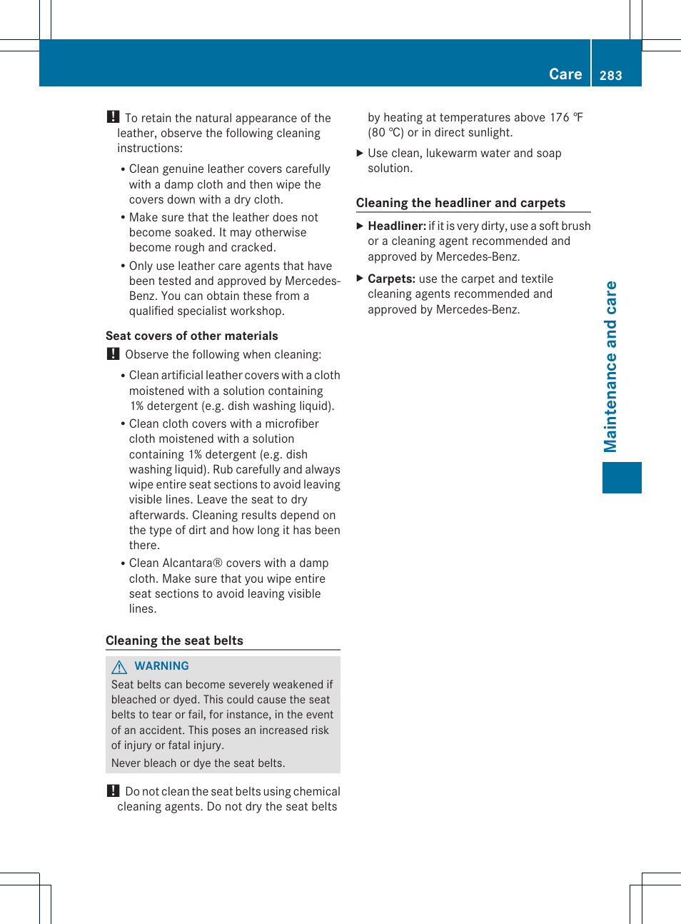 Maintenance and care, Care | Mercedes-Benz C-Coupe 2013 Owners Manual User Manual | Page 285 / 350