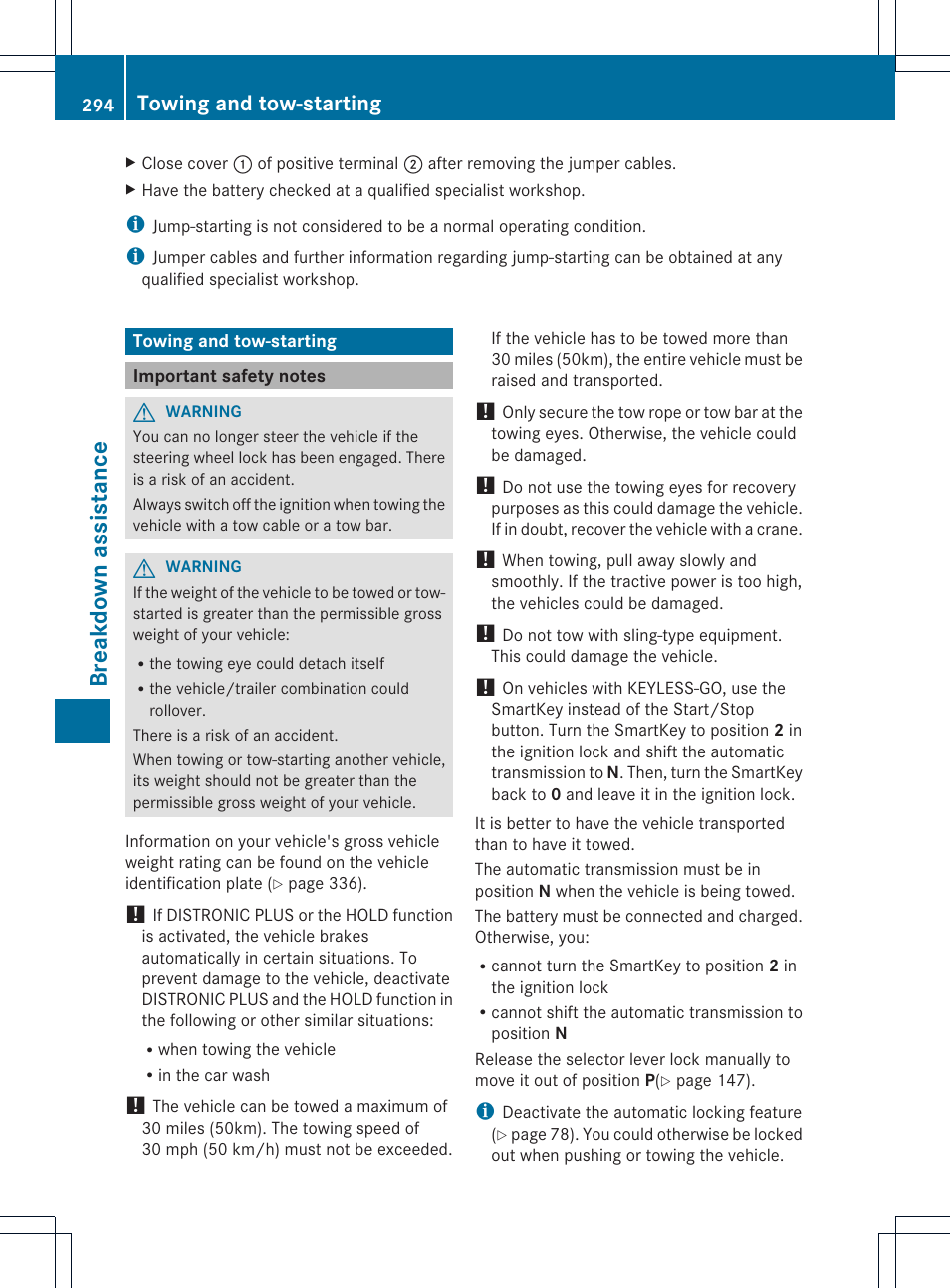 Breakd own assist ance, Towing and tow-starting | Mercedes-Benz C-Coupe 2013 Owners Manual User Manual | Page 296 / 350