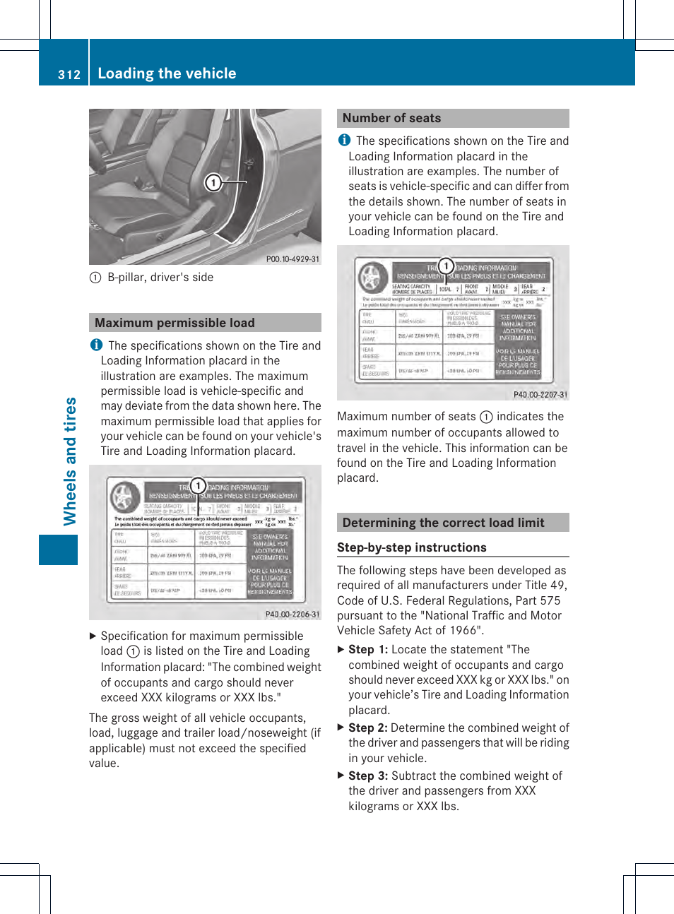 Wheels and tires, Loading the vehicle | Mercedes-Benz C-Coupe 2013 Owners Manual User Manual | Page 314 / 350