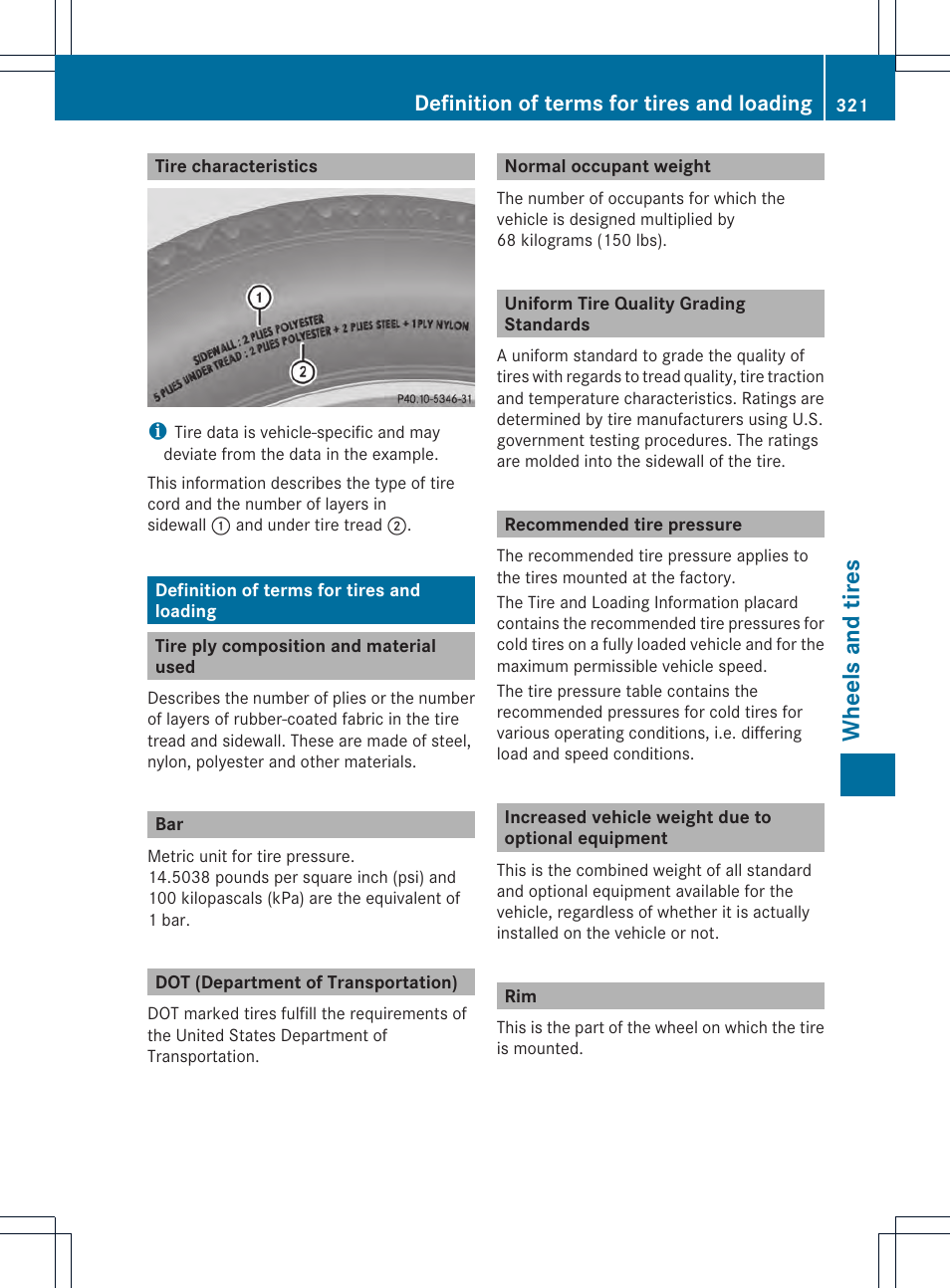 Wheels and tires, Definition of terms for tires and loading | Mercedes-Benz C-Coupe 2013 Owners Manual User Manual | Page 323 / 350