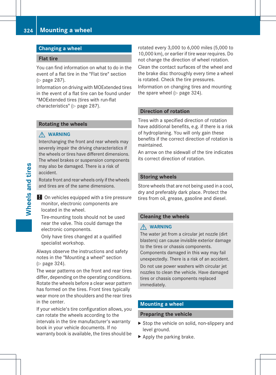 Whee ls and tires, Mounting a wheel | Mercedes-Benz C-Coupe 2013 Owners Manual User Manual | Page 326 / 350