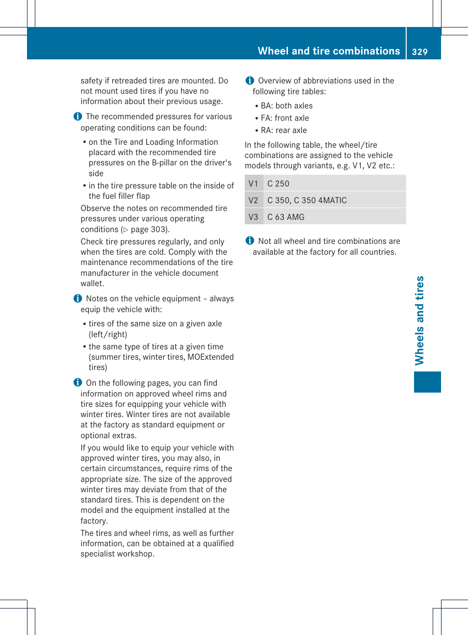 Wheels and tires, Wheel and tire combinations | Mercedes-Benz C-Coupe 2013 Owners Manual User Manual | Page 331 / 350