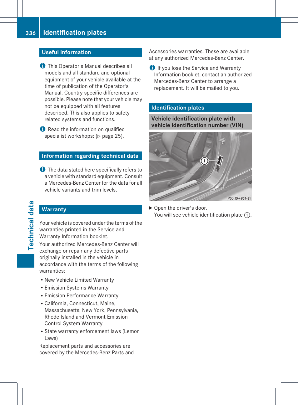 Technica ldata, Identification plates | Mercedes-Benz C-Coupe 2013 Owners Manual User Manual | Page 338 / 350