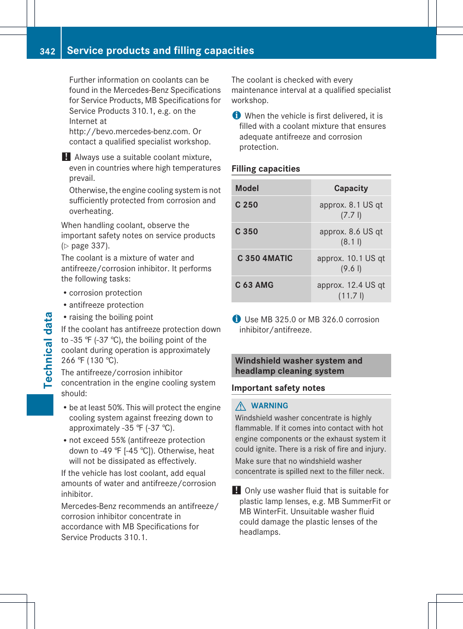 Technica ldata, Service products and filling capacities | Mercedes-Benz C-Coupe 2013 Owners Manual User Manual | Page 344 / 350