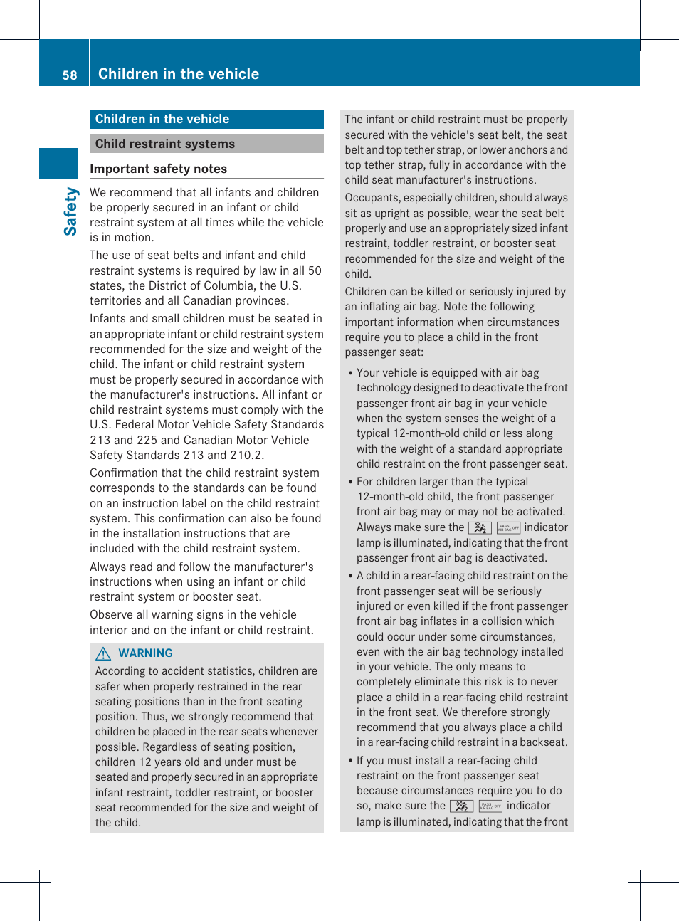 Saf ety, Children in the vehicle | Mercedes-Benz C-Coupe 2013 Owners Manual User Manual | Page 60 / 350