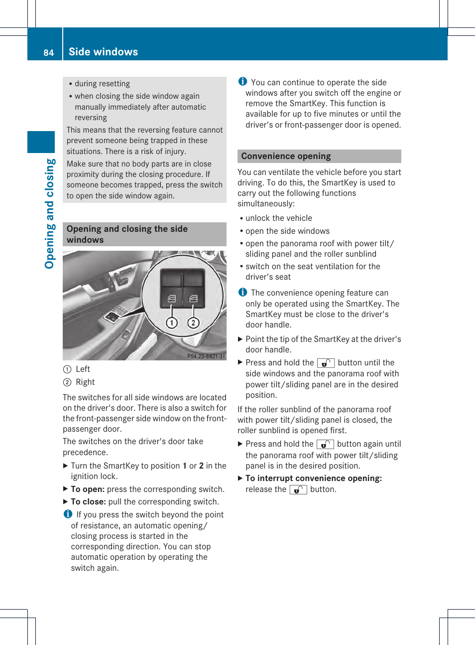 Opening and closing, Side windows | Mercedes-Benz C-Coupe 2013 Owners Manual User Manual | Page 86 / 350