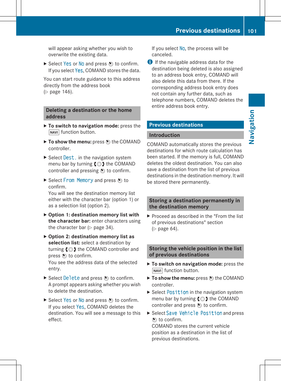 Na vigat ion, Previous destinations | Mercedes-Benz SLS-Class 2013 COMAND Manual User Manual | Page 103 / 274