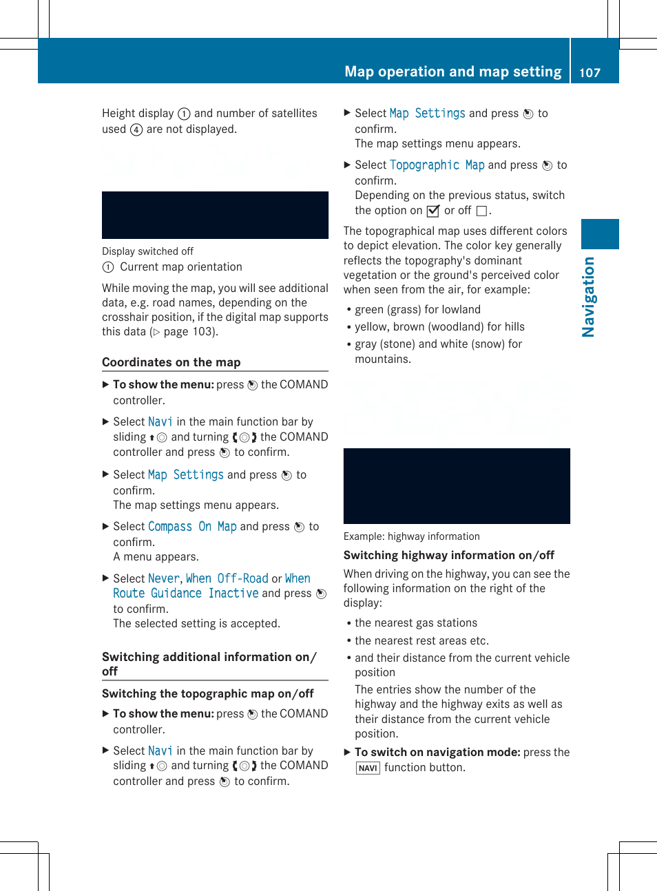 Navig atio n, Map operation and map setting | Mercedes-Benz SLS-Class 2013 COMAND Manual User Manual | Page 109 / 274