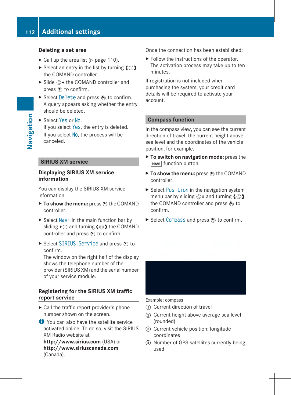 Navi ga tio n, Additional settings | Mercedes-Benz SLS-Class 2013 COMAND Manual User Manual | Page 114 / 274