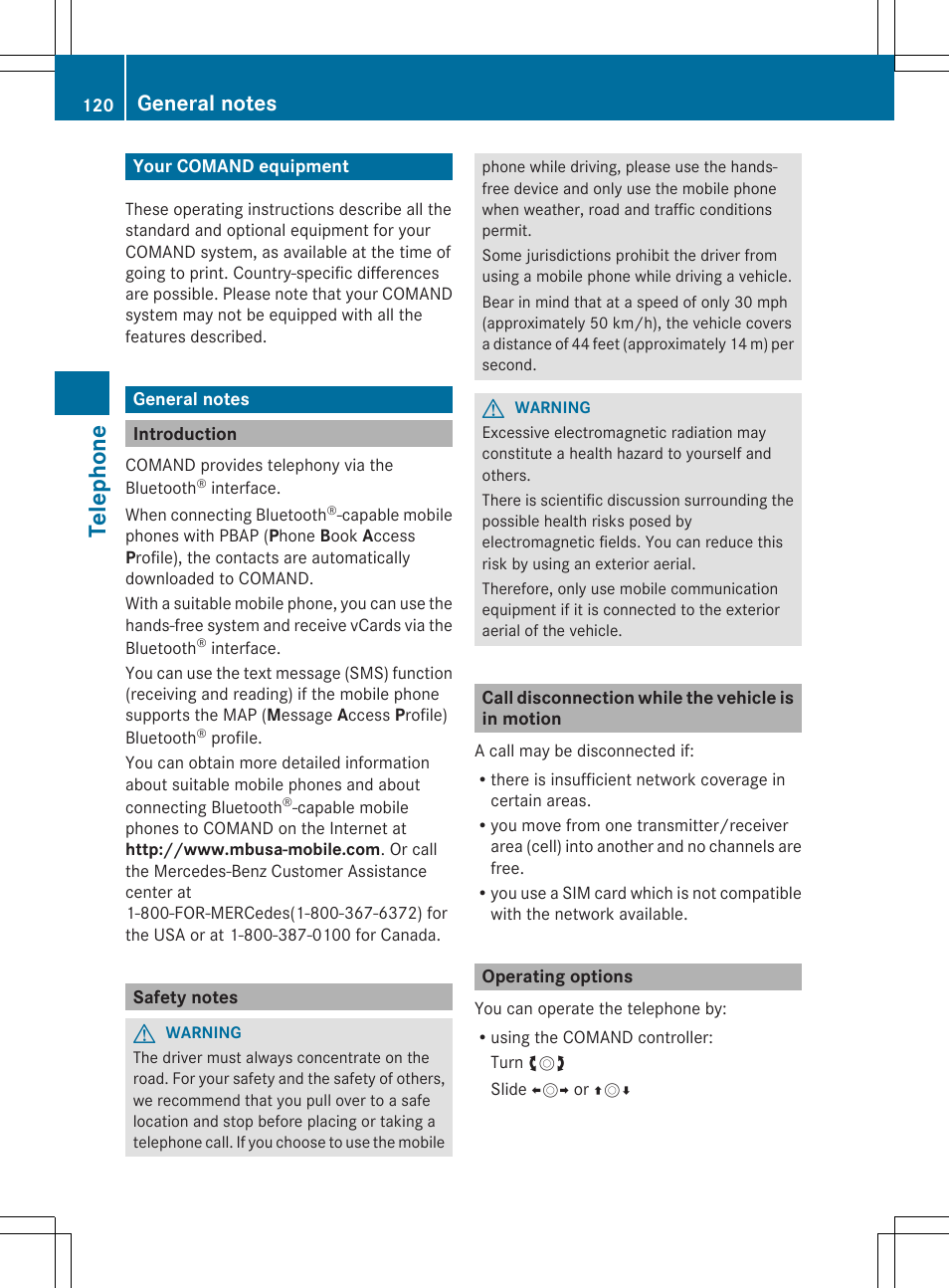 Te le pho ne | Mercedes-Benz SLS-Class 2013 COMAND Manual User Manual | Page 122 / 274