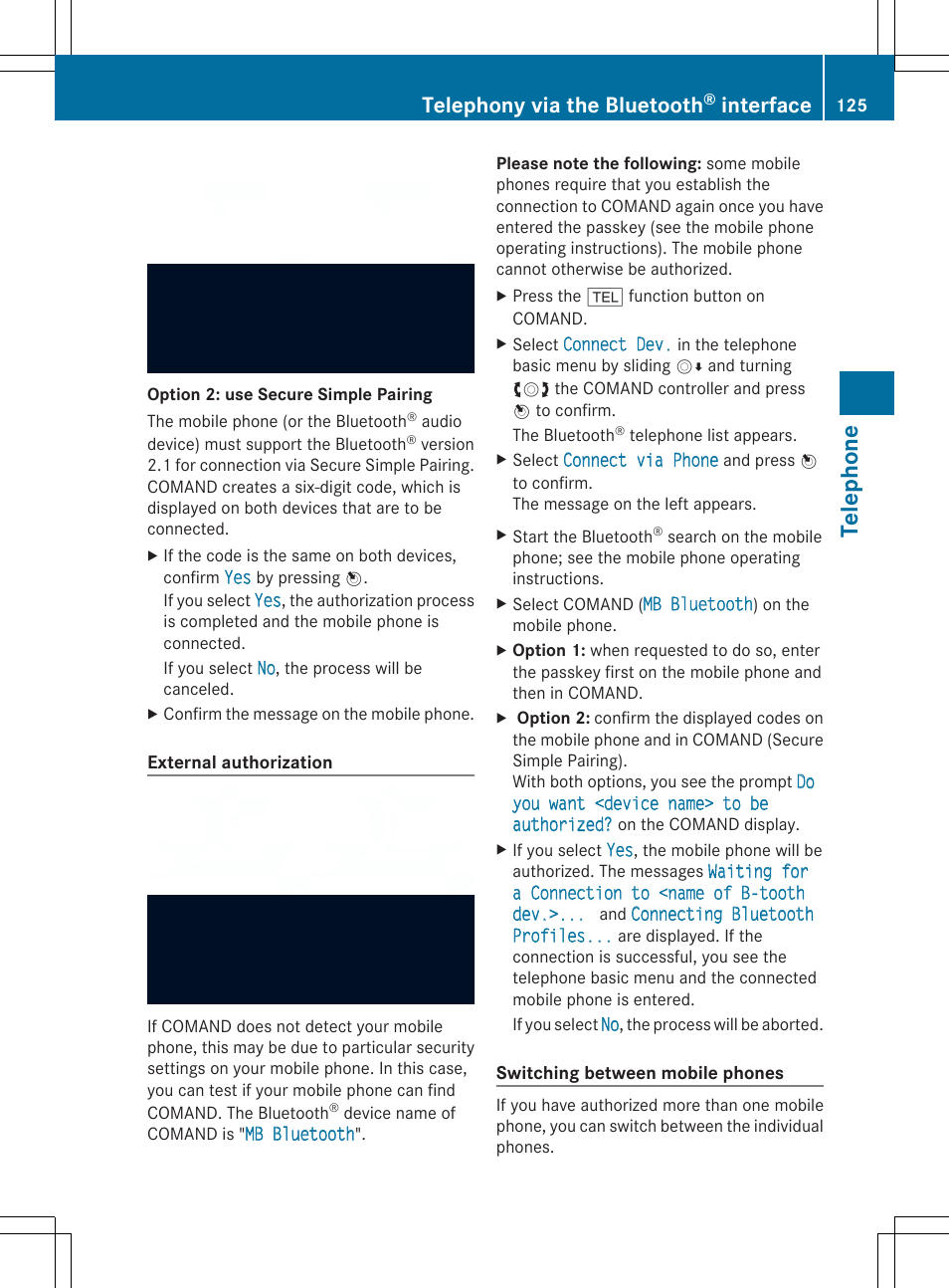 Telephone, Telephony via the bluetooth, Interface | Mercedes-Benz SLS-Class 2013 COMAND Manual User Manual | Page 127 / 274