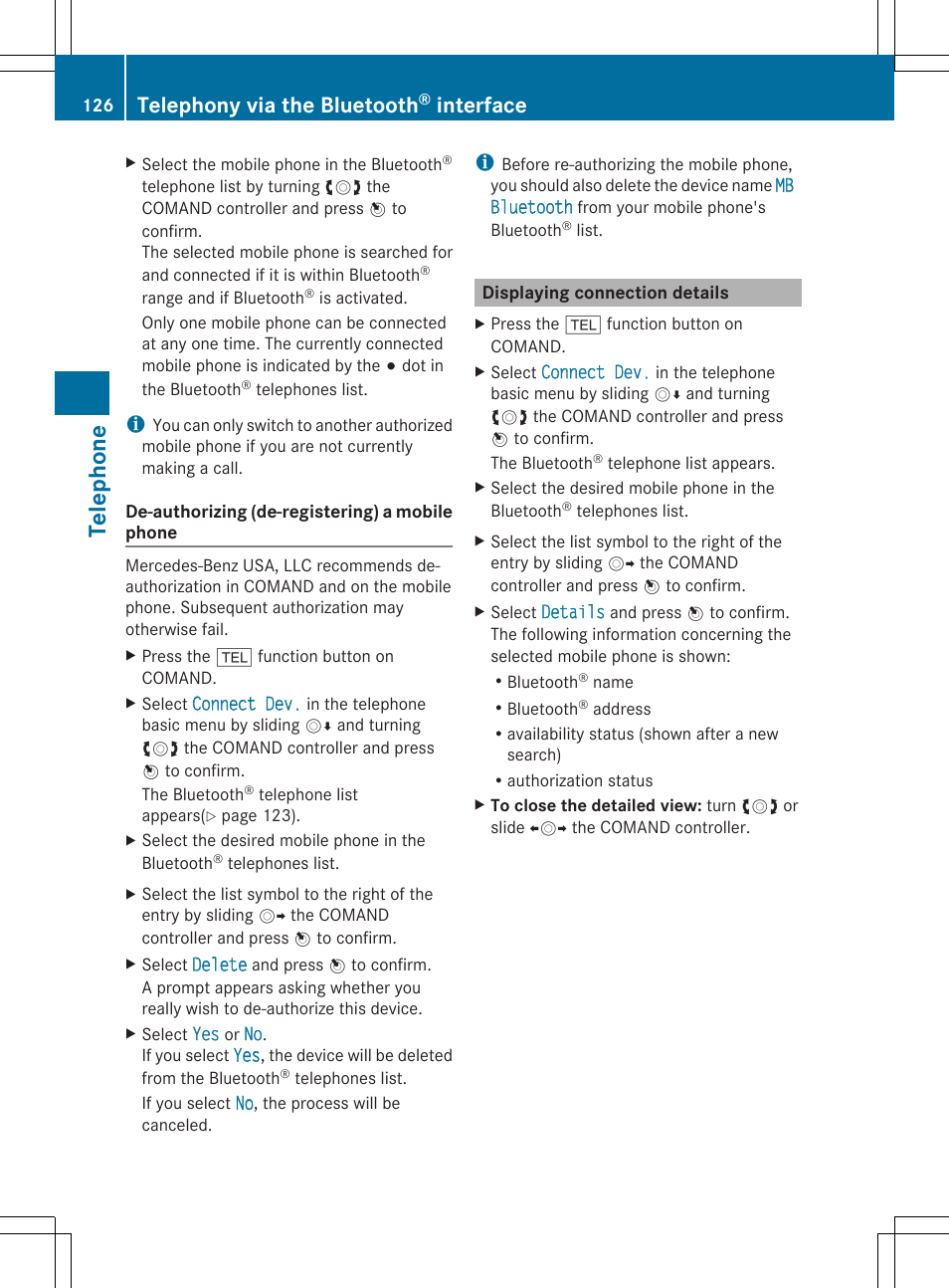 Tel epho ne, Telephony via the bluetooth, Interface | Mercedes-Benz SLS-Class 2013 COMAND Manual User Manual | Page 128 / 274