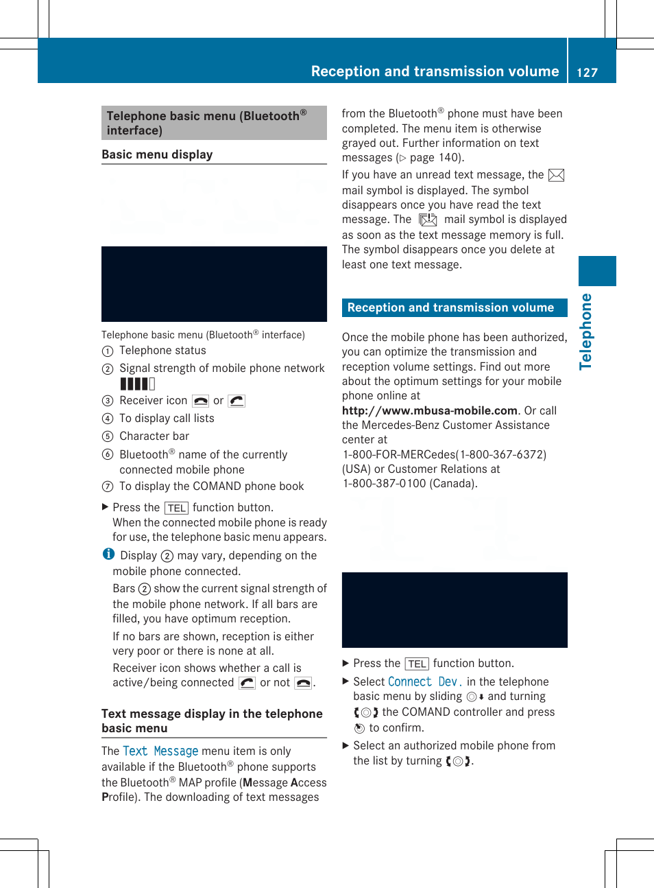 Teleph one, Reception and transmission volume | Mercedes-Benz SLS-Class 2013 COMAND Manual User Manual | Page 129 / 274