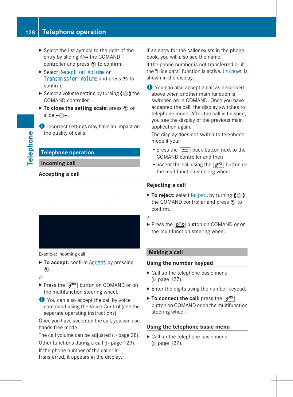 Tel epho ne, Telephone operation | Mercedes-Benz SLS-Class 2013 COMAND Manual User Manual | Page 130 / 274