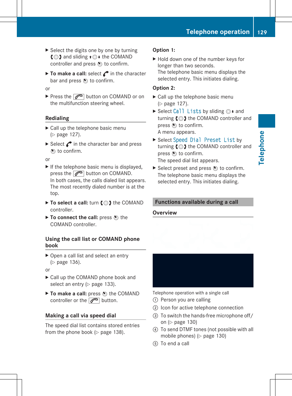 Tel epho ne, Telephone operation | Mercedes-Benz SLS-Class 2013 COMAND Manual User Manual | Page 131 / 274
