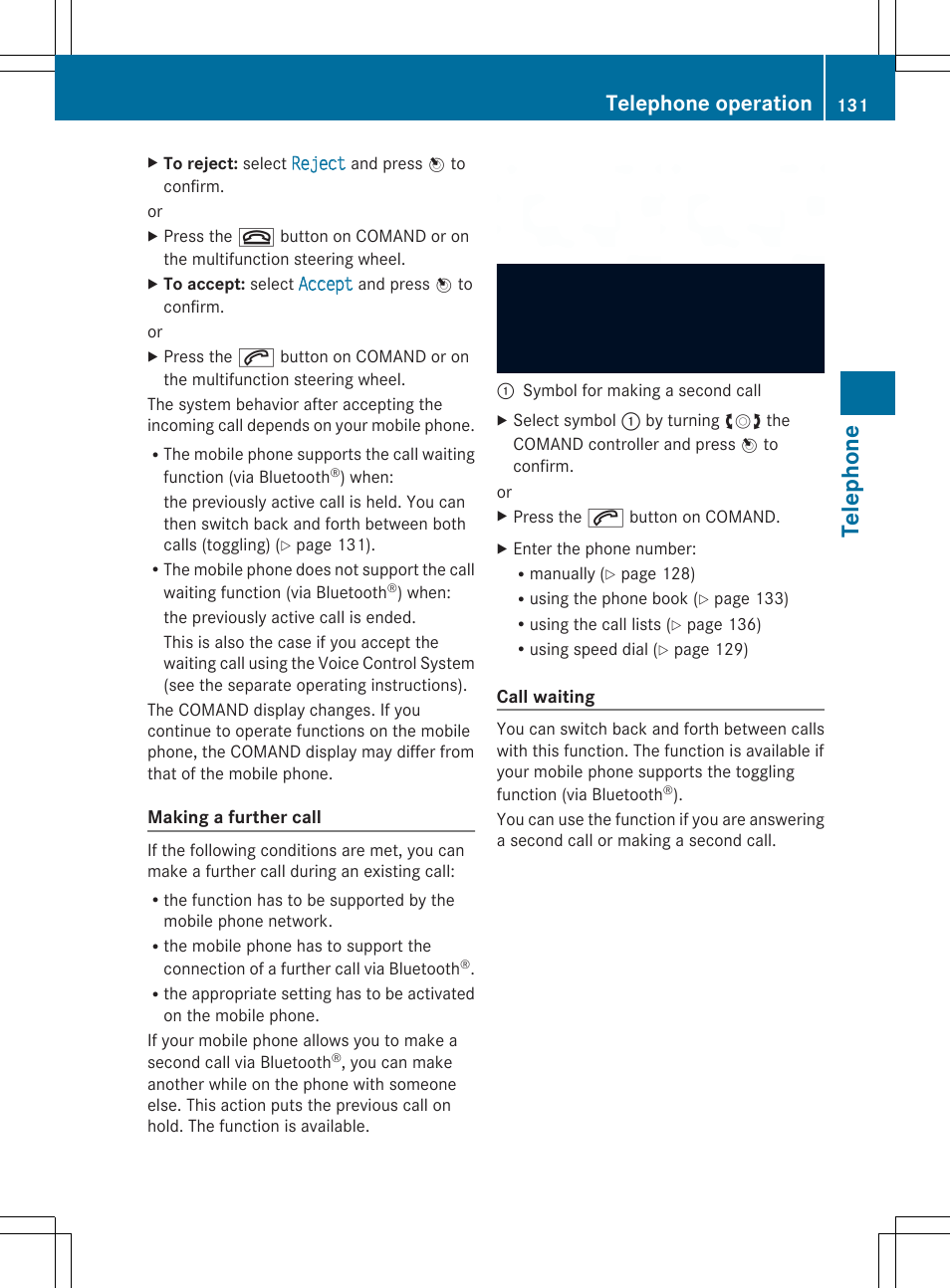 Tel epho ne, Telephone operation | Mercedes-Benz SLS-Class 2013 COMAND Manual User Manual | Page 133 / 274
