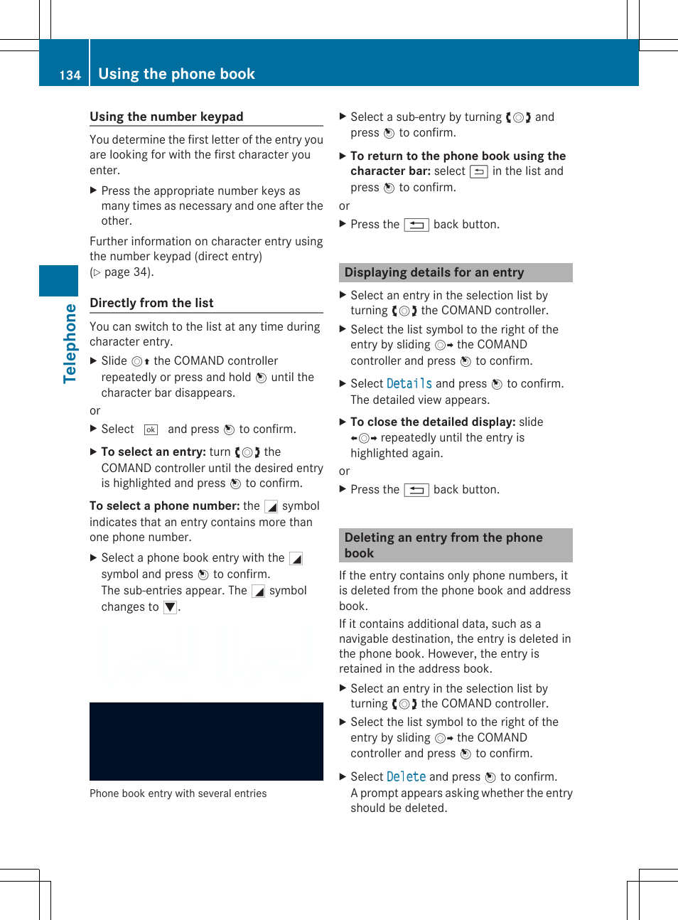 Teleph one, Using the phone book | Mercedes-Benz SLS-Class 2013 COMAND Manual User Manual | Page 136 / 274