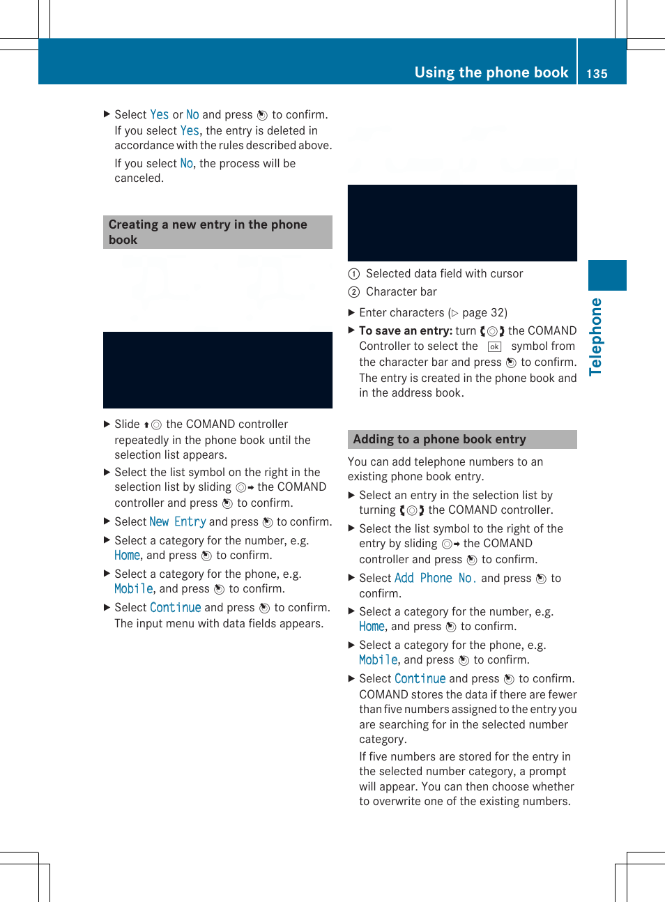 Tel epho ne, Using the phone book | Mercedes-Benz SLS-Class 2013 COMAND Manual User Manual | Page 137 / 274