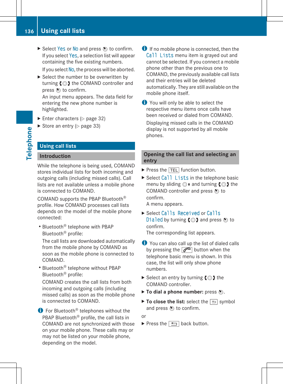 Tel epho ne, Using call lists | Mercedes-Benz SLS-Class 2013 COMAND Manual User Manual | Page 138 / 274