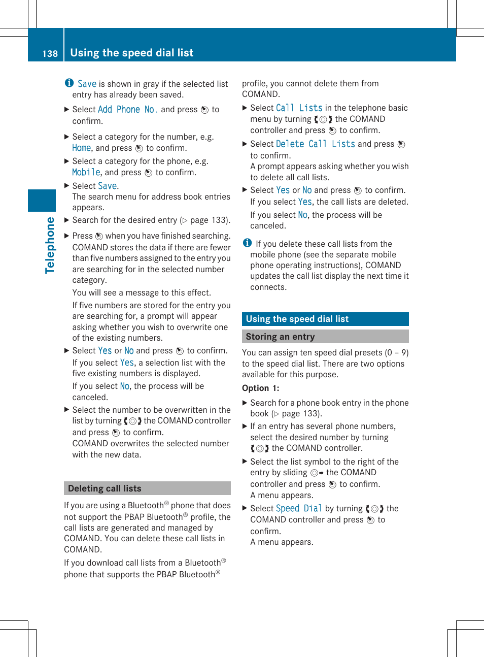 Telephone, Using the speed dial list | Mercedes-Benz SLS-Class 2013 COMAND Manual User Manual | Page 140 / 274