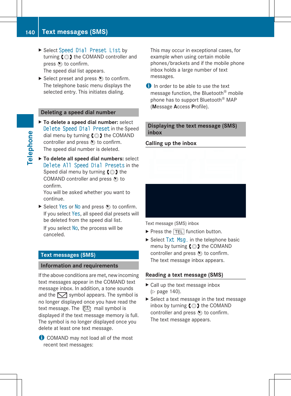 Tel epho ne, Text messages (sms) | Mercedes-Benz SLS-Class 2013 COMAND Manual User Manual | Page 142 / 274