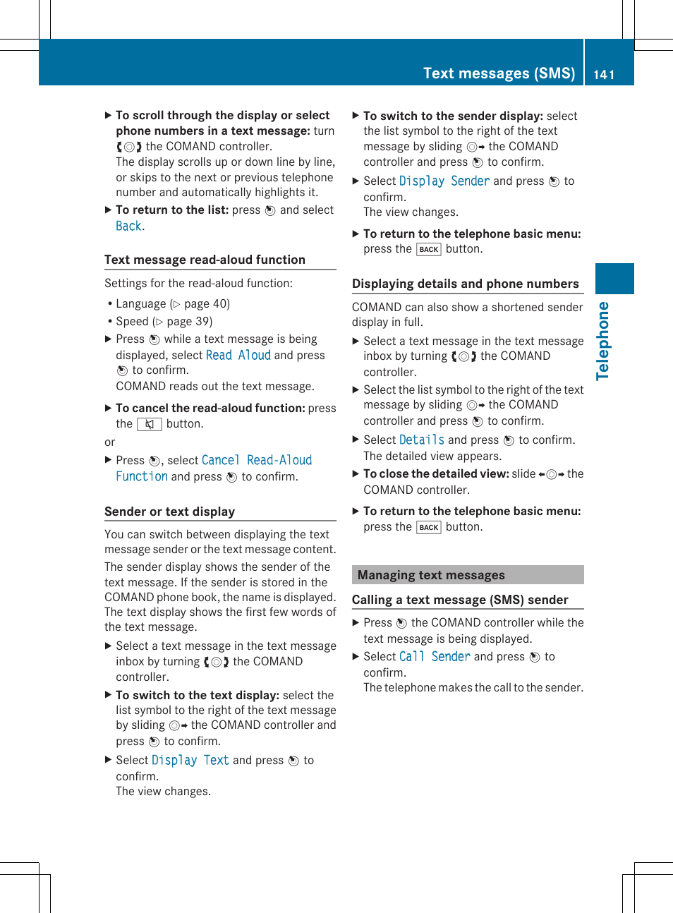 Tel epho ne, Text messages (sms) | Mercedes-Benz SLS-Class 2013 COMAND Manual User Manual | Page 143 / 274