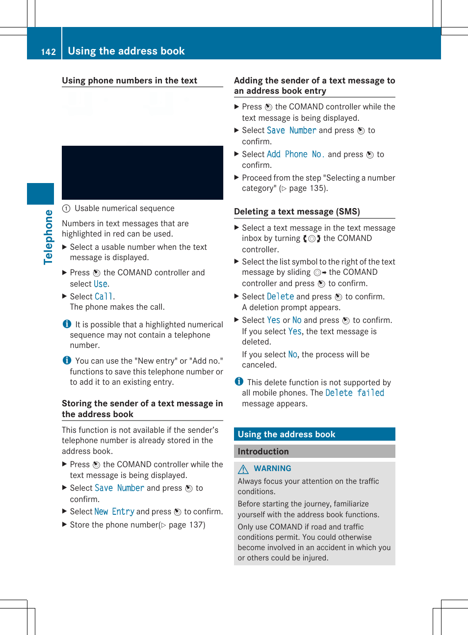 Teleph one, Using the address book | Mercedes-Benz SLS-Class 2013 COMAND Manual User Manual | Page 144 / 274