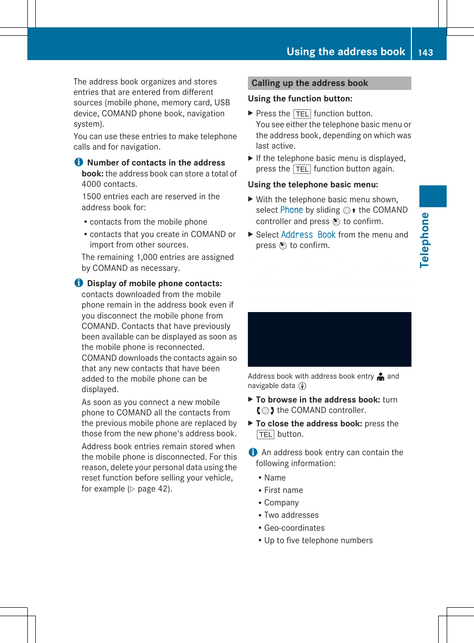 Telephone, Using the address book | Mercedes-Benz SLS-Class 2013 COMAND Manual User Manual | Page 145 / 274