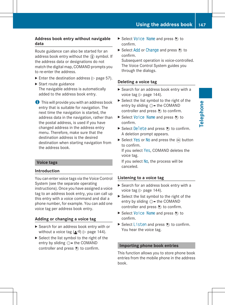 Tel eph one, Using the address book | Mercedes-Benz SLS-Class 2013 COMAND Manual User Manual | Page 149 / 274