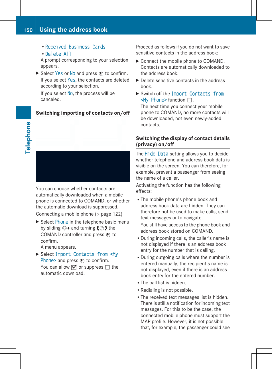 Telephone, Using the address book | Mercedes-Benz SLS-Class 2013 COMAND Manual User Manual | Page 152 / 274